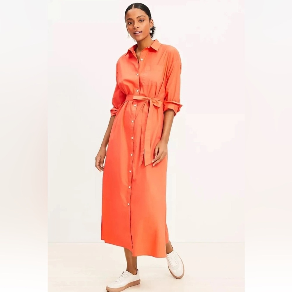 LOFT Coral Button-Front Long Sleeve Shirt Dress